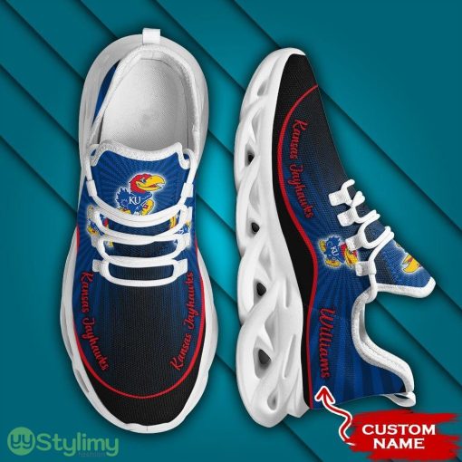 Kansas Jayhawks Logo Pattern Custom Name 3D Max Soul Sneaker Shoes In Blue And Black