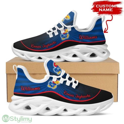 Kansas Jayhawks Logo Pattern Custom Name 3D Max Soul Sneaker Shoes In Blue And Black