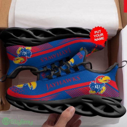 Kansas Jayhawks Logo Stripe And Triangle Pattern Custom Name 3D Max Soul Sneaker Shoes