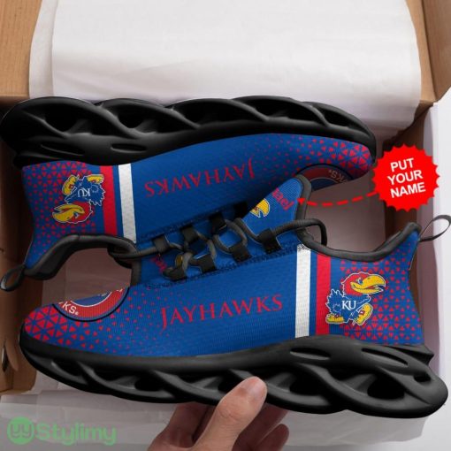 Kansas Jayhawks Logo Triangle Pattern Custom Name 3D Max Soul Sneaker Shoes In Blue And Red