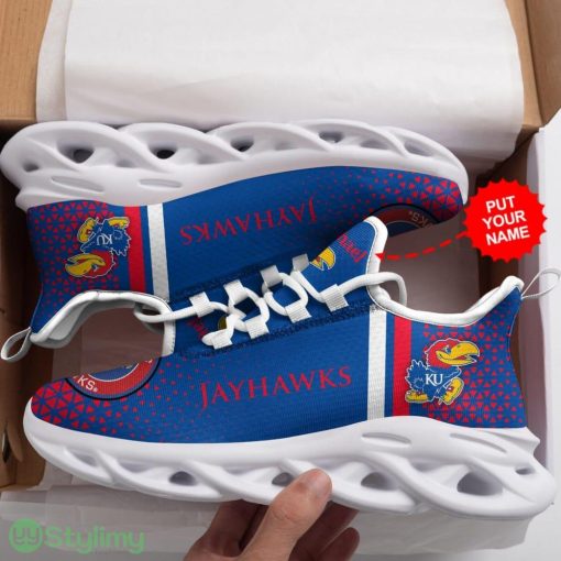 Kansas Jayhawks Logo Triangle Pattern Custom Name 3D Max Soul Sneaker Shoes In Blue And Red