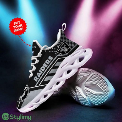 Las Vegas Raiders Logo Custom Name Pattern 3D Max Soul Sneaker Shoes In Black And Gray