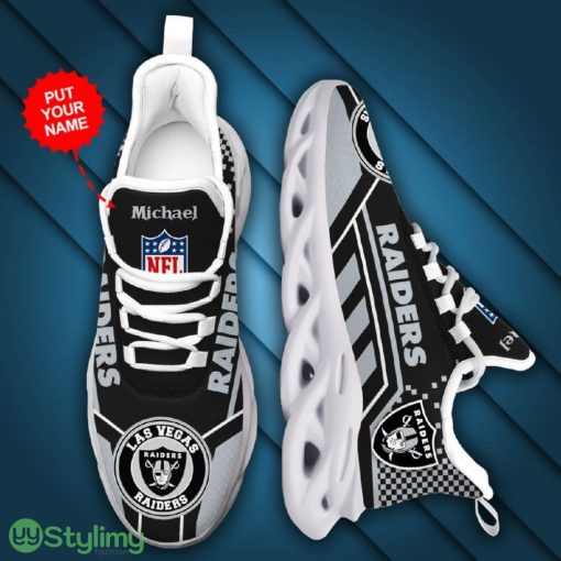 Las Vegas Raiders Logo Custom Name Pattern 3D Max Soul Sneaker Shoes In Black And Gray