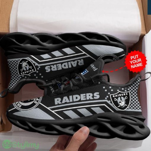 Las Vegas Raiders Logo Custom Name Pattern 3D Max Soul Sneaker Shoes In Black And Gray