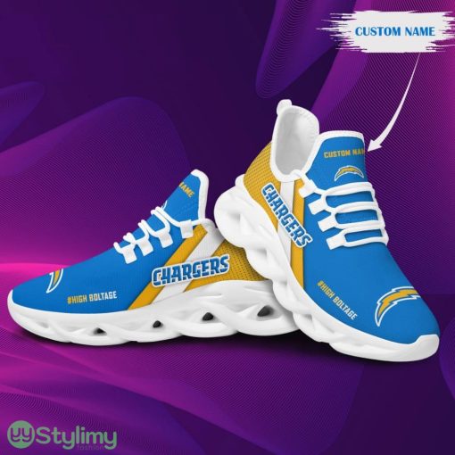 Los Angeles Chargers Logo Custom Name Pattern 3D Max Soul Sneaker Shoes In Yellow And Blue