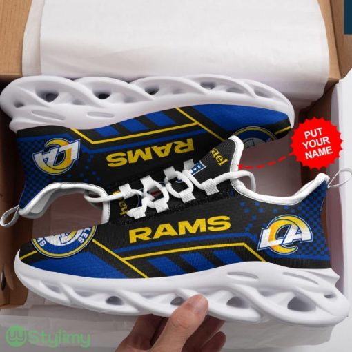 Los Angeles Rams Logo Pattern Custom Name 3D Max Soul Sneaker Shoes In Black Blue