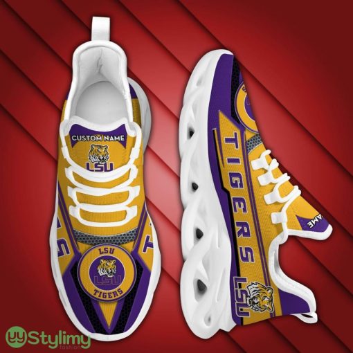 LSU Tigers Logo Pattern Custom Name 3D Max Soul Sneaker Shoes In Purple Yellow