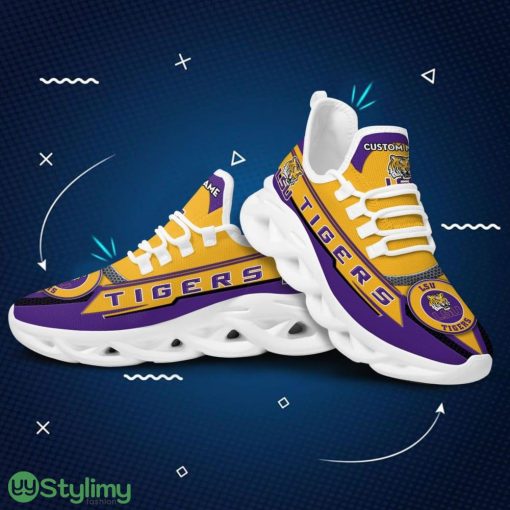 LSU Tigers Logo Pattern Custom Name 3D Max Soul Sneaker Shoes In Purple Yellow