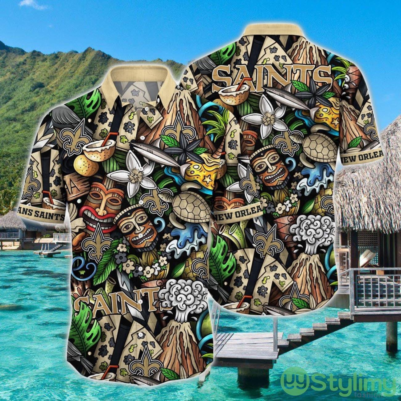 NFL New Orleans Saints Hawaiian Shirt Flower Tiki Funny Gift Aloha Shirt 2 NFL New Orleans Saints Hawaiian Shirt Flower Tiki Funny Gift Aloha Shirt Product Photo 1