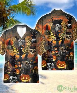 Skull With Black Cat Halloween 3D Printed Beach Shirt Men Women Hawaiian Shirt Product Photo 1