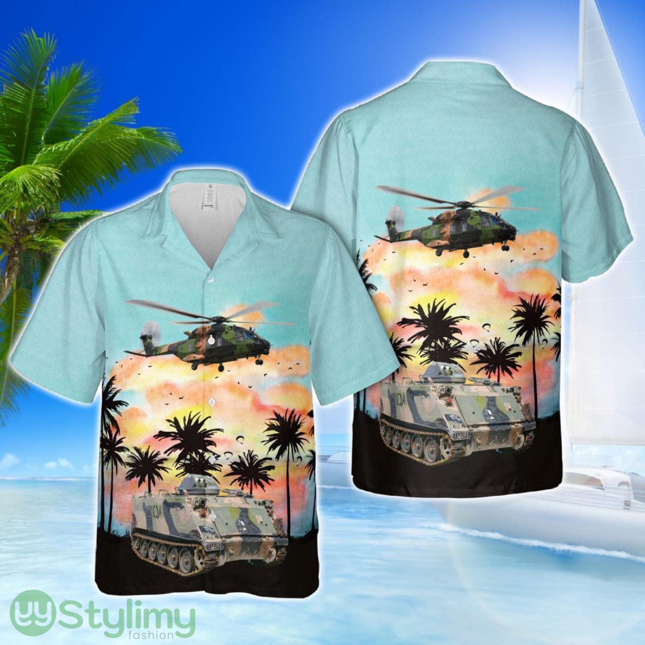 Australian Army M113 Armoured Personnel Carrier & NHI MRH-90 Hawaiian Shirt 1 Australian Army M113 Armoured Personnel Carrier & NHI MRH-90 Hawaiian Shirt Product Photo 1