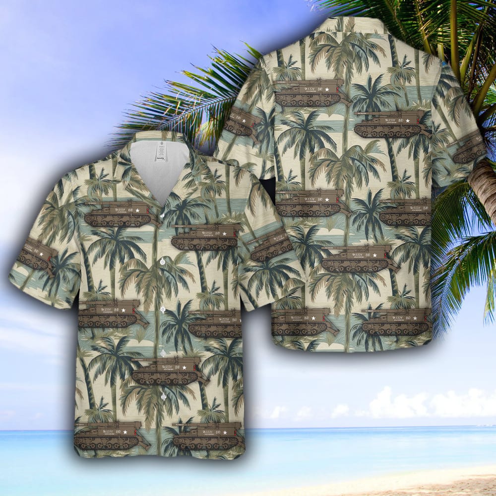 US 9th Army Gun Motor Carriage M12 The Persuader, B Battery, 557th Armoured Field Artillery Battalion Hawaiian Shirt 2 US 9th Army Gun Motor Carriage M12 The Persuader, B Battery, 557th Armoured Field Artillery Battalion Hawaiian Shirt - 030224-163743