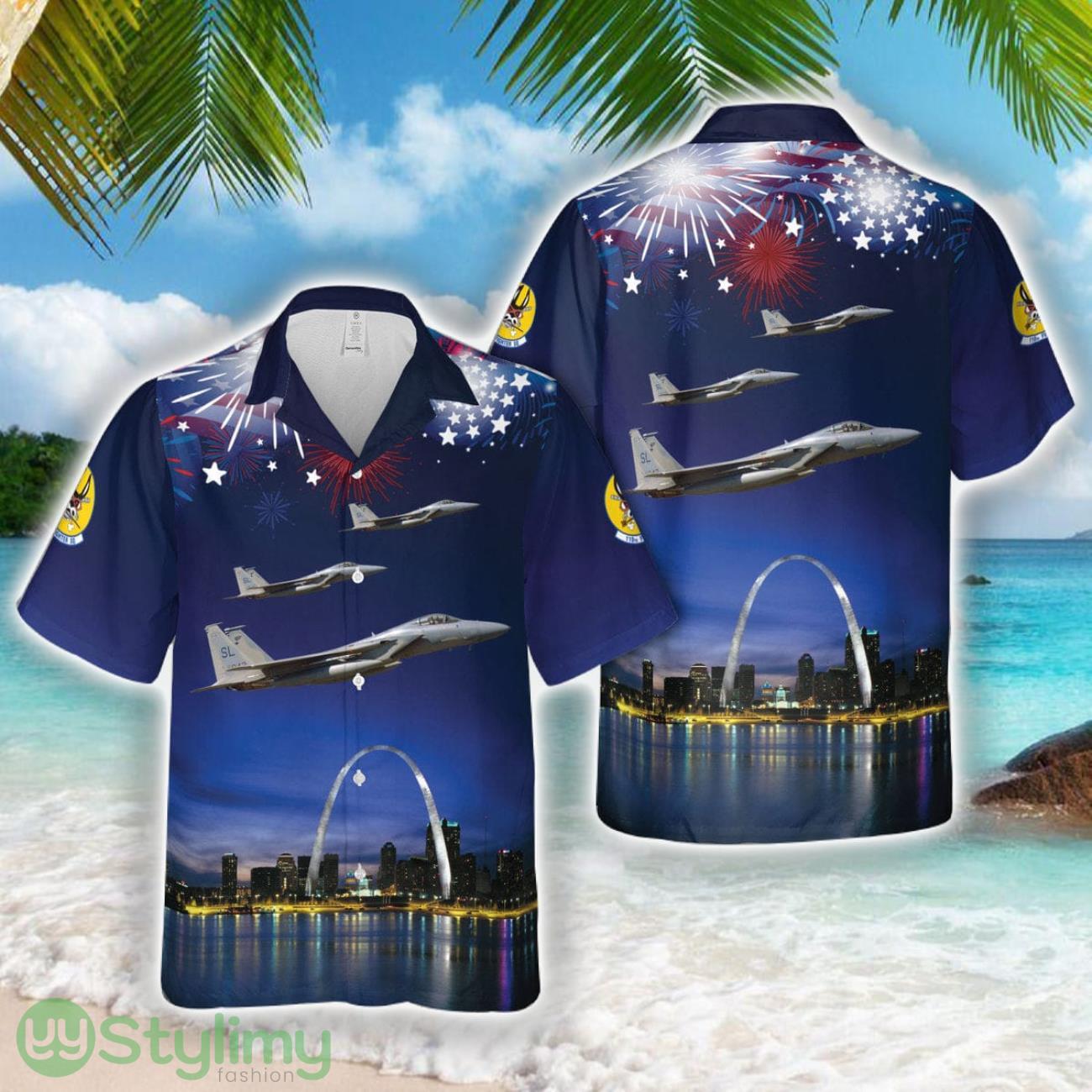 US Air Force Missouri Air National Guard 110th Fighter Squadron McDonnell Douglas F-15C Eagle over St Louis Gateway Arch, 4th Of July 3D Hawaiian Shirt Summer Trending Gift 2 US Air Force Missouri Air National Guard 110th Fighter Squadron McDonnell Douglas F-15C Eagle over St Louis Gateway Arch, 4th Of July 3D Hawaiian Shirt Summer Trending Gift Product Photo 1