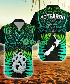 Aotearoa Fern New Zealand Hei Tiki Green Style New Zealand Button Down Hawaiian Shirt Trending Summer Product Photo 1
