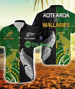 Aotearoa Rugby All Black Combine Australia Wallabies Aboriginal Kangaroo And Maori Fern New Zealand Button Down Hawaiian Shirt Trending Summer Product Photo 1