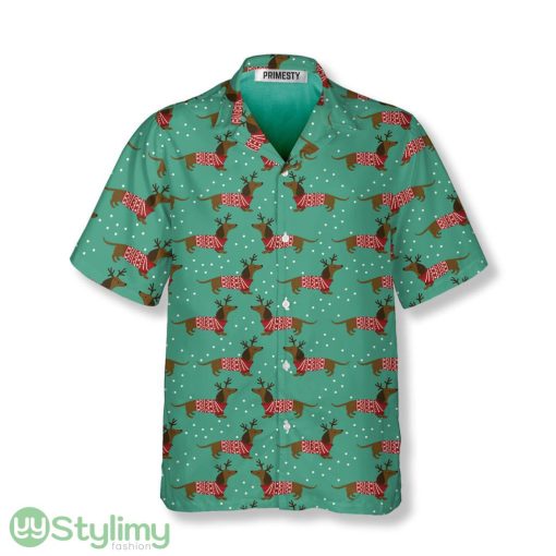 Christmas Dachshund with Snowflakes Green Background Dachshund Hawaiian Shirt Product Photo 1
