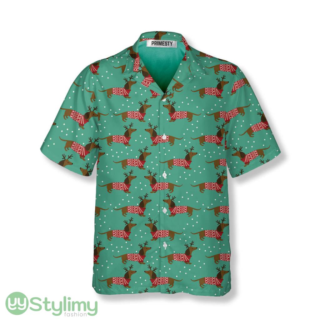 Christmas Dachshund with Snowflakes Green Background Dachshund Hawaiian Shirt 2 Christmas Dachshund with Snowflakes Green Background Dachshund Hawaiian Shirt Product Photo 1