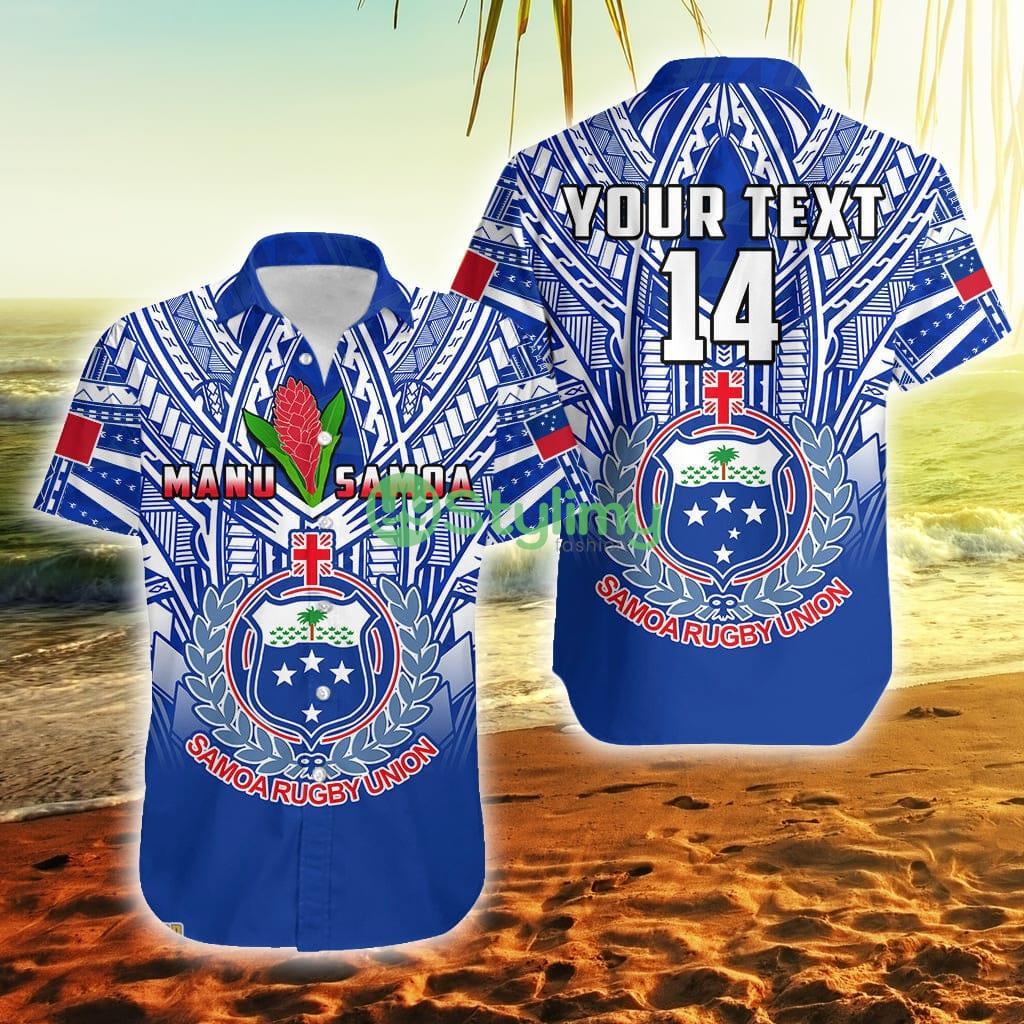 Custom Name And Number Samoa Rugby Manu Samoa 7s Ginger Blue Polynesian Samoa Button Down Hawaiian Shirt Trending Summer 2 Custom Name And Number Samoa Rugby Manu Samoa 7s Ginger Blue Polynesian Samoa Button Down Hawaiian Shirt Trending Summer Product Photo 1