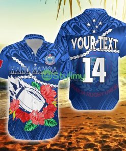 Custom Name And Number Samoa Rugby Manu Samoa Polynesian Hibiscus Blue Style Samoa Button Down Hawaiian Shirt Trending Summer Product Photo 1