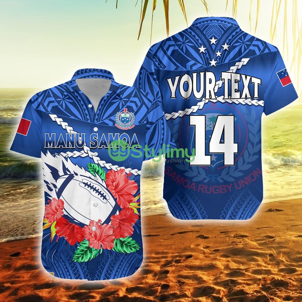 Custom Name And Number Samoa Rugby Manu Samoa Polynesian Hibiscus Blue Style Samoa Button Down Hawaiian Shirt Trending Summer 2 Custom Name And Number Samoa Rugby Manu Samoa Polynesian Hibiscus Blue Style Samoa Button Down Hawaiian Shirt Trending Summer Product Photo 1