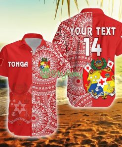 Custom Name And Number Tonga Tongan Coat Of Arms Ngatu Pattern Tonga Button Down Hawaiian Shirt Trending Summer Product Photo 1