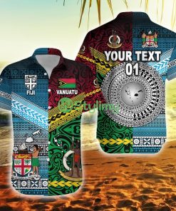 Custom Vanuatu Fiji T Shirt Together Blue, Custom Text And Number Vanuatu Button Down Hawaiian Shirt Trending Summer Product Photo 1