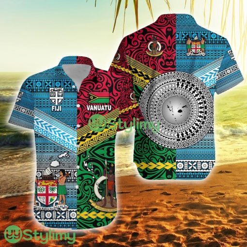 Custom Vanuatu Fiji Zip Hoodie Together Bright Color Vanuatu Button Down Hawaiian Shirt Trending Summer