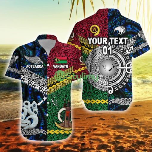 Custom Vanuatu New Zealand Zip Hoodie Together Blue, Custom Text And Number Vanuatu Button Down Hawaiian Shirt Trending Summer Product Photo 1
