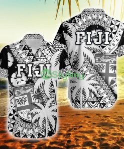 Fiji Coat Of Arms Masi Tapa Mixed Palm Tree No1 Black Version Fiji Button Down Hawaiian Shirt Trending Summer Product Photo 1