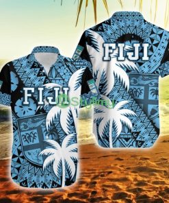 Fiji Coat Of Arms Masi Tapa Mixed Palm Tree No1 Blue Version Fiji Button Down Hawaiian Shirt Trending Summer Product Photo 1