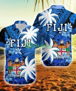 Fiji Coat Of Arms Masi Tapa Mixed Palm Tree No2 Blue Version Fiji Button Down Hawaiian Shirt Trending Summer Product Photo 1