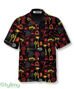 Firefighter Equipment Seamless Pattern Black Background Firefighter Hawaiian Shirt Product Photo 1