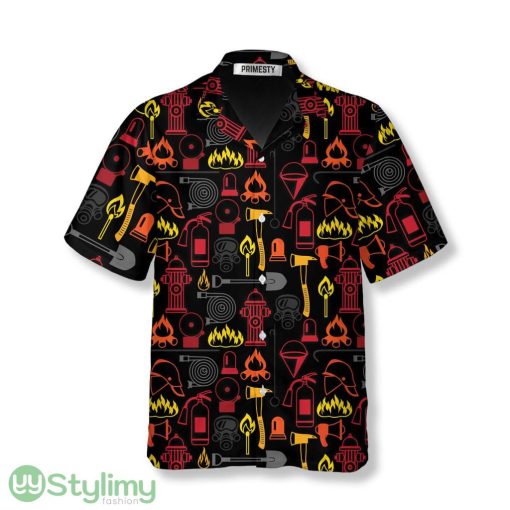 Firefighter Equipment Seamless Pattern Black Background Firefighter Hawaiian Shirt Product Photo 1
