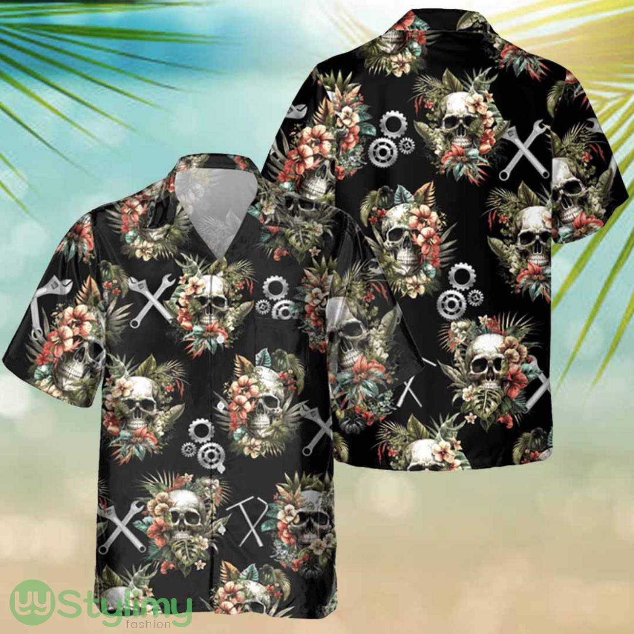 Mechanic 3D Printed Skull And Flower Hawaiian Shirt Gift Ideas For Summer 2 Mechanic 3D Printed Skull And Flower Hawaiian Shirt Gift Ideas For Summer Product Photo 1