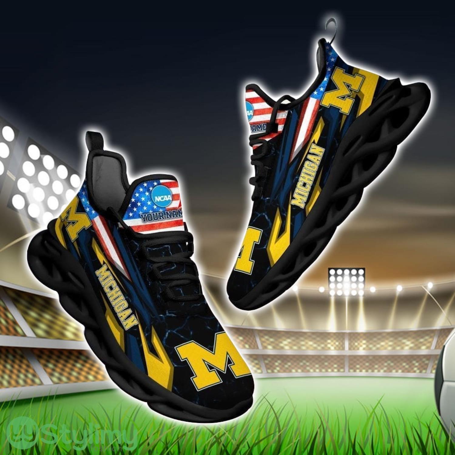 NCAA Michigan Wolverines Logo And Flag Custom Name Max Soul Shoes Gift For Fan 3 NCAA Michigan Wolverines Logo And Flag Custom Name Max Soul Shoes Gift For Fan Product Photo 1