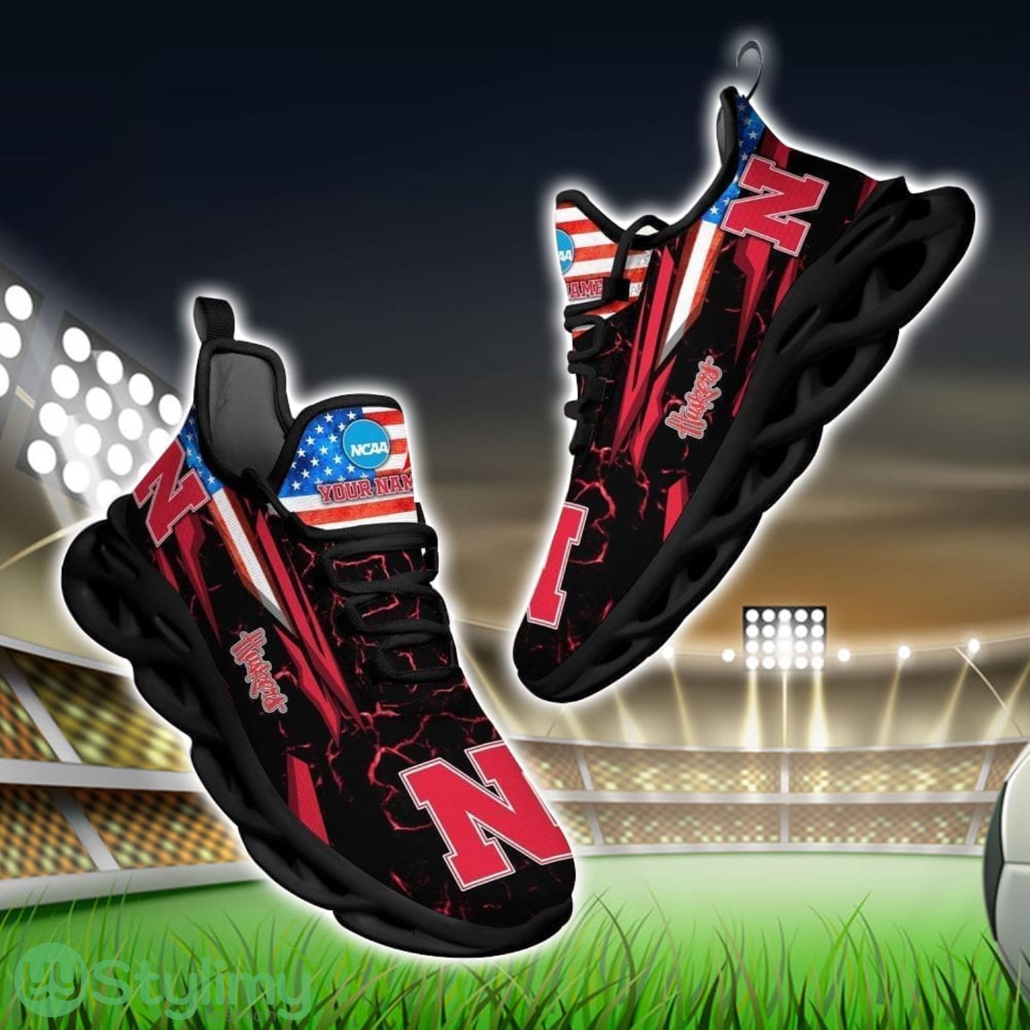 NCAA Nebraska Cornhuskers Logo And Flag Custom Name Max Soul Shoes Gift For Fan 3 NCAA Nebraska Cornhuskers Logo And Flag Custom Name Max Soul Shoes Gift For Fan Product Photo 1