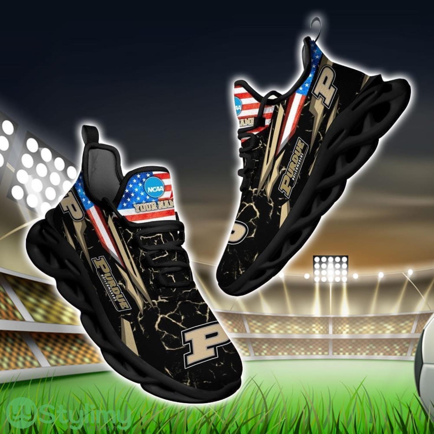 NCAA Purdue Boilermakers Logo And Flag Custom Name Max Soul Shoes Gift For Fan 3 NCAA Purdue Boilermakers Logo And Flag Custom Name Max Soul Shoes Gift For Fan Product Photo 1