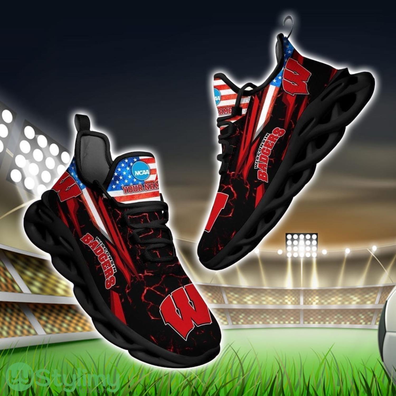 NCAA Wisconsin Badgers Logo And Flag Custom Name Max Soul Shoes Gift For Fan 2 NCAA Wisconsin Badgers Logo And Flag Custom Name Max Soul Shoes Gift For Fan Product Photo 1