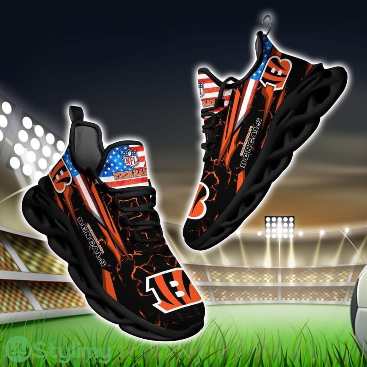 NFL Cincinnati Bengals Logo And Flag Custom Name Max Soul Shoes Gift For Fan 3 NFL Cincinnati Bengals Logo And Flag Custom Name Max Soul Shoes Gift For Fan Product Photo 1