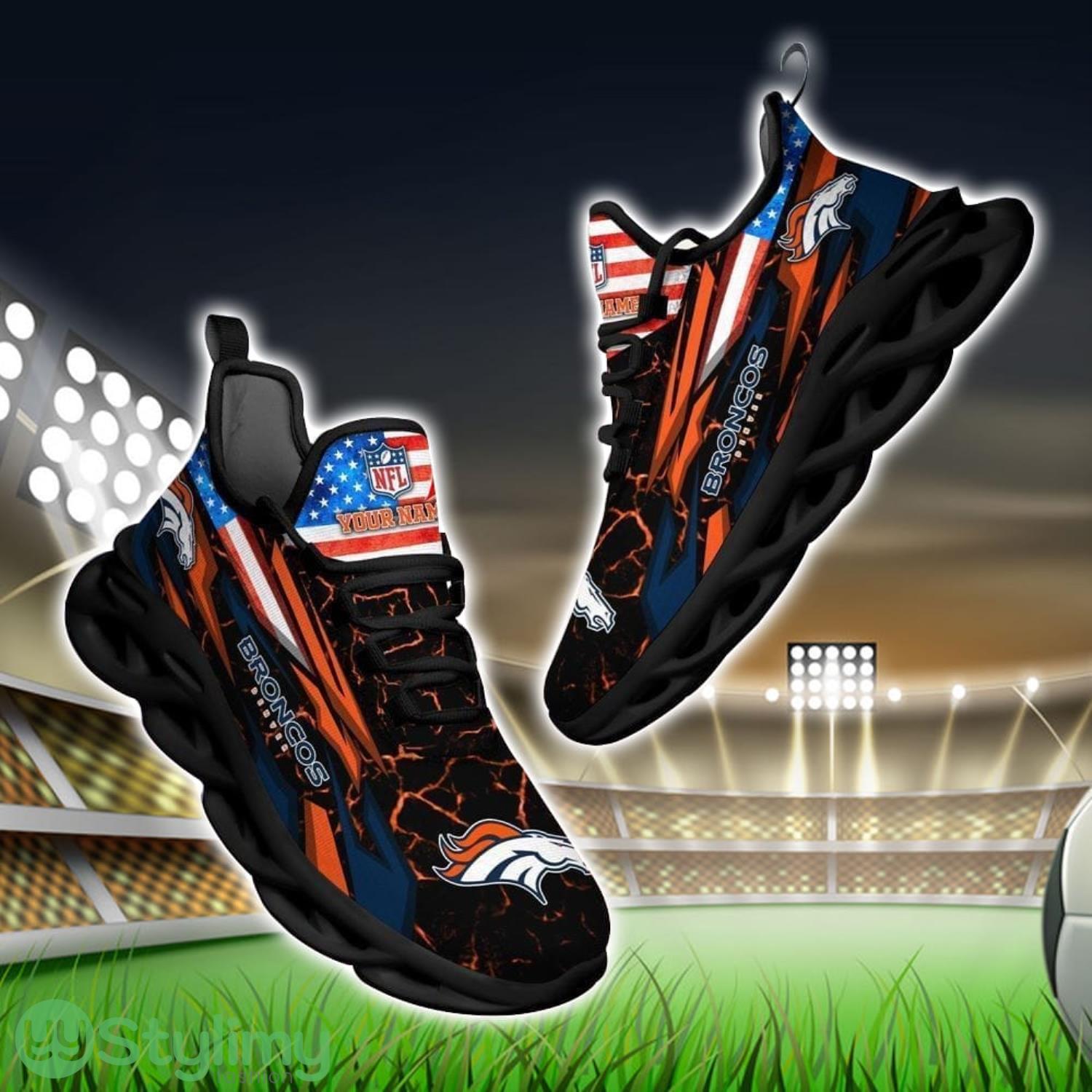 NFL Denver Broncos Logo And Flag Custom Name Max Soul Shoes Gift For Fan 3 NFL Denver Broncos Logo And Flag Custom Name Max Soul Shoes Gift For Fan Product Photo 1