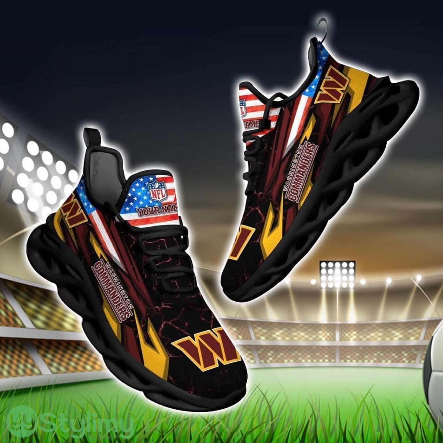 NFL Washington Commanders Logo And Flag Custom Name Max Soul Shoes Gift For Fan 2 NFL Washington Commanders Logo And Flag Custom Name Max Soul Shoes Gift For Fan Product Photo 1
