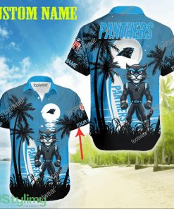 Carolina Panthers Mascot Tree Palm Beach Hawaiian Shirt For Men And Women Custom Name - Carolina Panthers Mascot Tree Palm Beach Hawaiian Shirt For Men And Women Custom Name