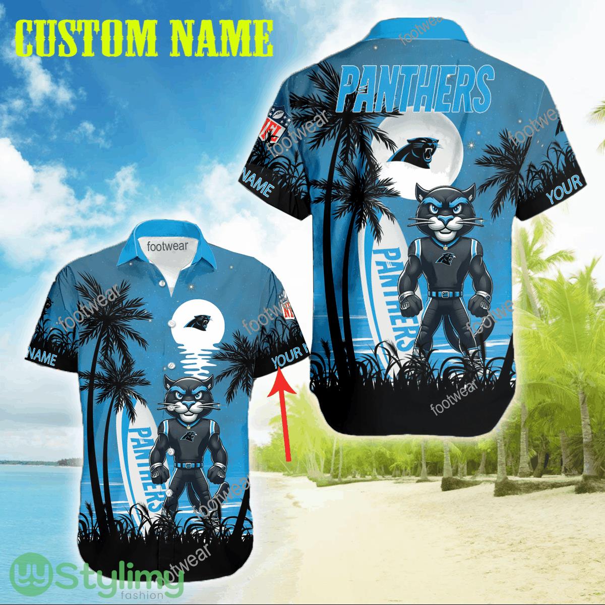 Carolina Panthers Mascot Tree Palm Beach Hawaiian Shirt For Men And Women Custom Name 2 Carolina Panthers Mascot Tree Palm Beach Hawaiian Shirt For Men And Women Custom Name - Carolina Panthers Mascot Tree Palm Beach Hawaiian Shirt For Men And Women Custom Name