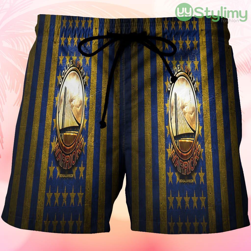 Golden State Warriors Emblem Flag Texture Vintage Beach Hawaiian Shorts For Men Trending Summer 3 Golden State Warriors Emblem Flag Texture Vintage Beach Hawaiian Shorts For Men Trending Summer Product Photo 1