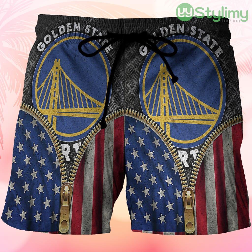 Golden State Warriors Emblem Metal Flag Texture Beach Hawaiian Shorts For Men Trending Summer 3 Golden State Warriors Emblem Metal Flag Texture Beach Hawaiian Shorts For Men Trending Summer Product Photo 1