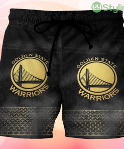 Golden State Warriors Emblem Texture Gold Pattern Beach Hawaiian Shorts For Men Trending Summer Product Photo 1