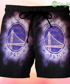 Golden State Warriors Emblem Texture Rainning Thunder Beach Hawaiian Shorts For Men Trending Summer Product Photo 1