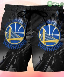 Golden State Warriors Emblem Texture Shape Beach Hawaiian Shorts For Men Trending Summer Product Photo 1