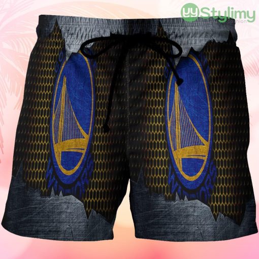 Golden State Warriors Emblem Texture4 Pattern Metal Beach Hawaiian Shorts For Men Trending Summer Product Photo 1