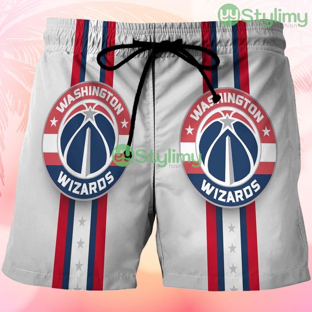 Washington Wizards Red Blue White Stripped Beach Hawaiian Shorts For Men Trending Summer 3 Washington Wizards Red Blue White Stripped Beach Hawaiian Shorts For Men Trending Summer Product Photo 1